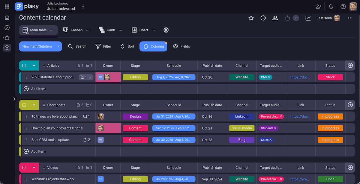 Content calendar project board in Plaky