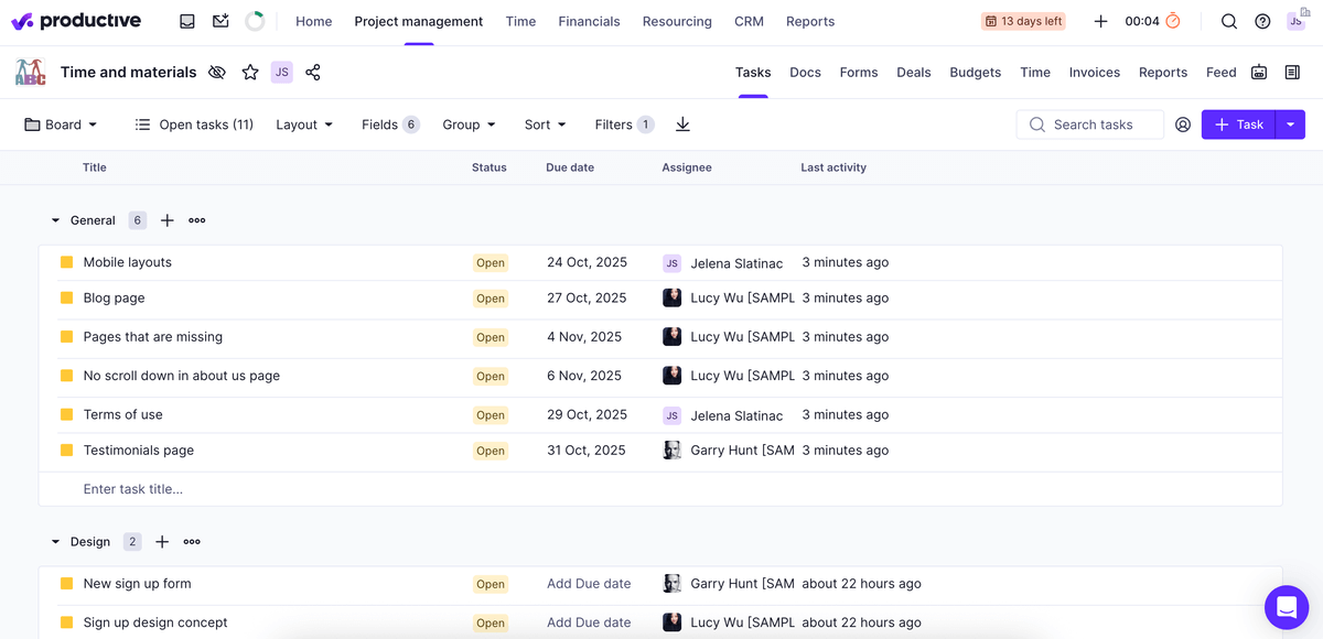 Example of a project board in Productive software