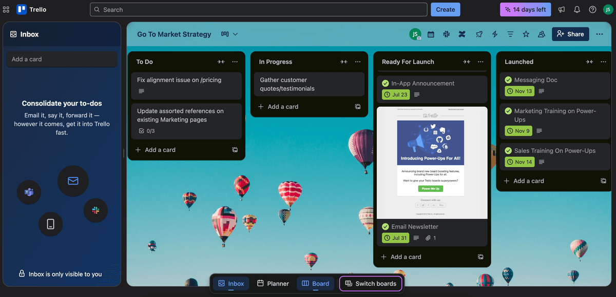 Example of a project board in Trello project management software