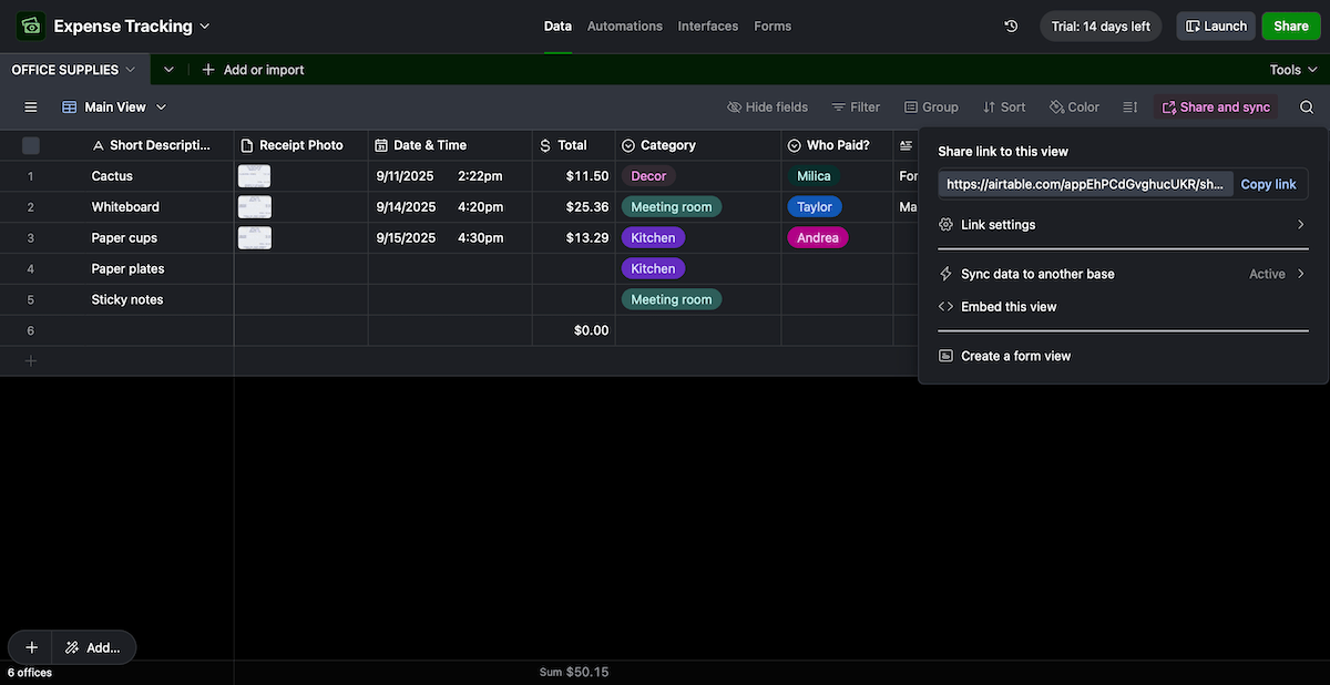 Share and sync option in Airtable