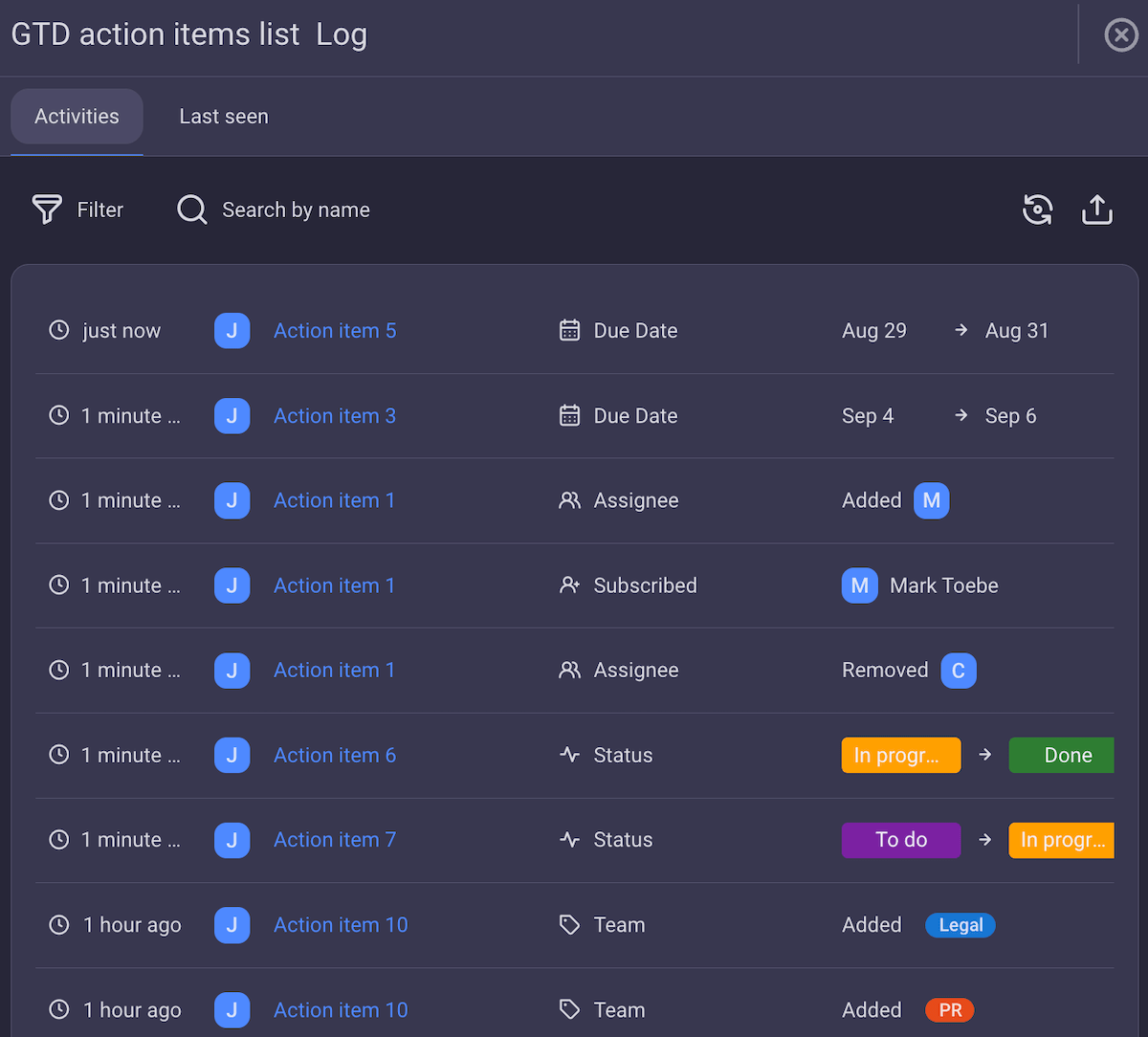 Activity log in Plaky project management software