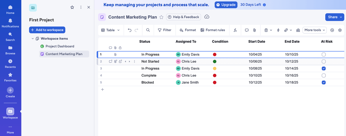 Table view in Smartsheet software