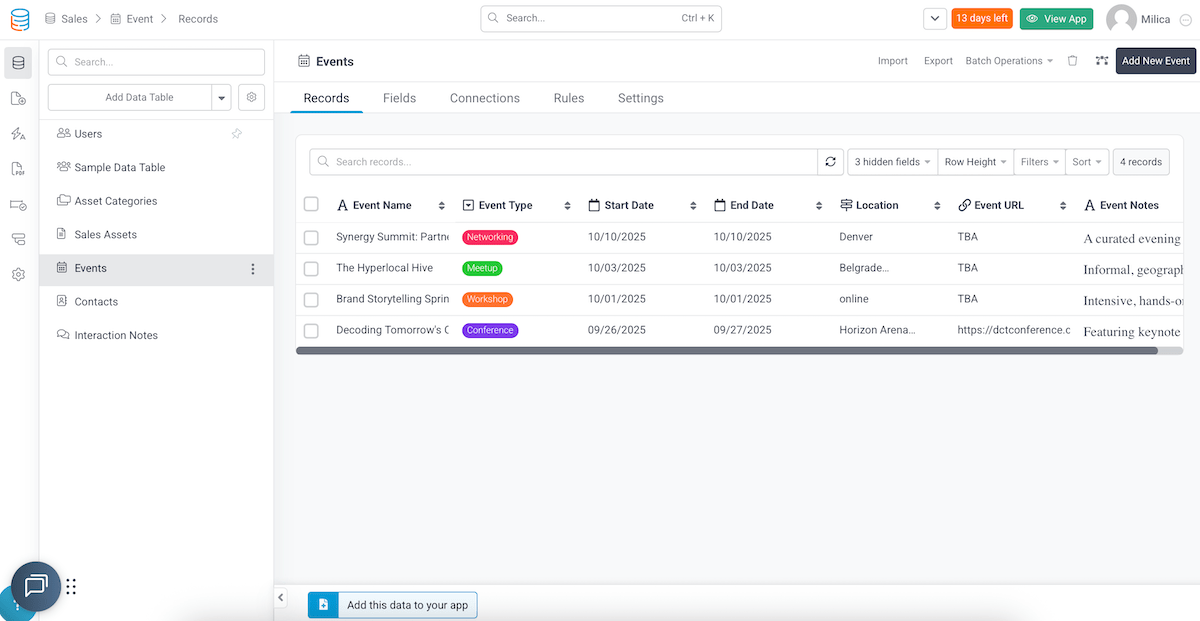 Tadabase's interface