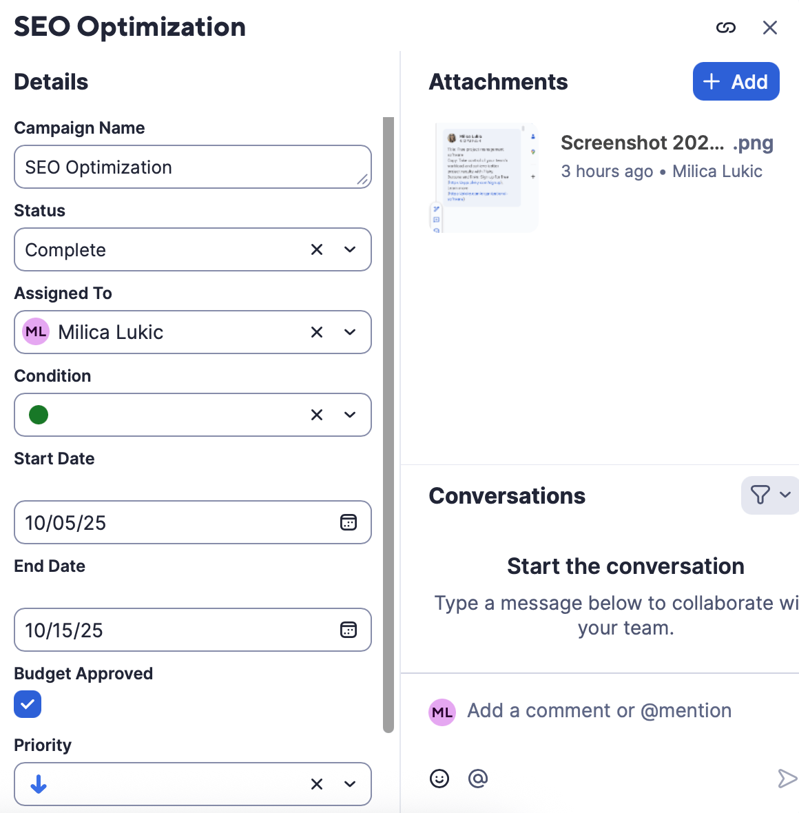 Task details in Smartsheet