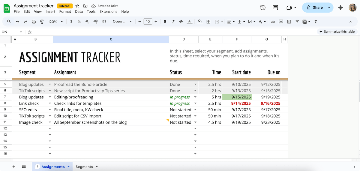 Task tracking in Google Sheets