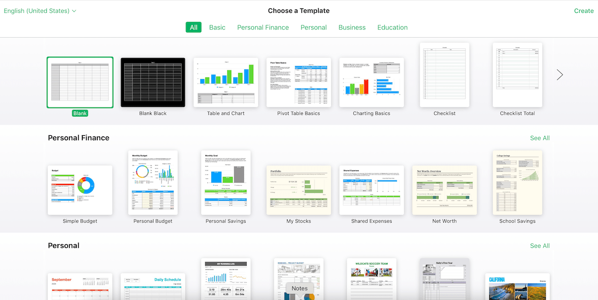 Templates in Apple Numbers