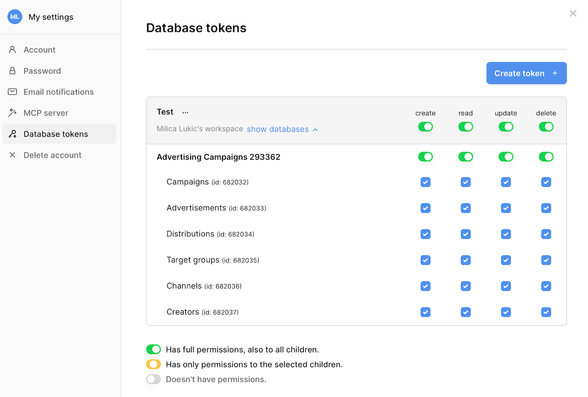 Token authentication for API access in Baserow