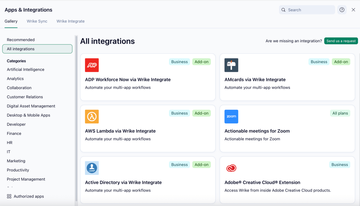 Wrike’s apps and integrations page
