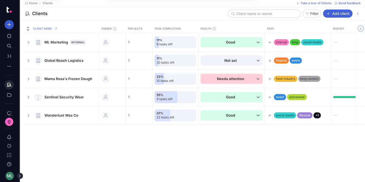 Client overview in Teamwork