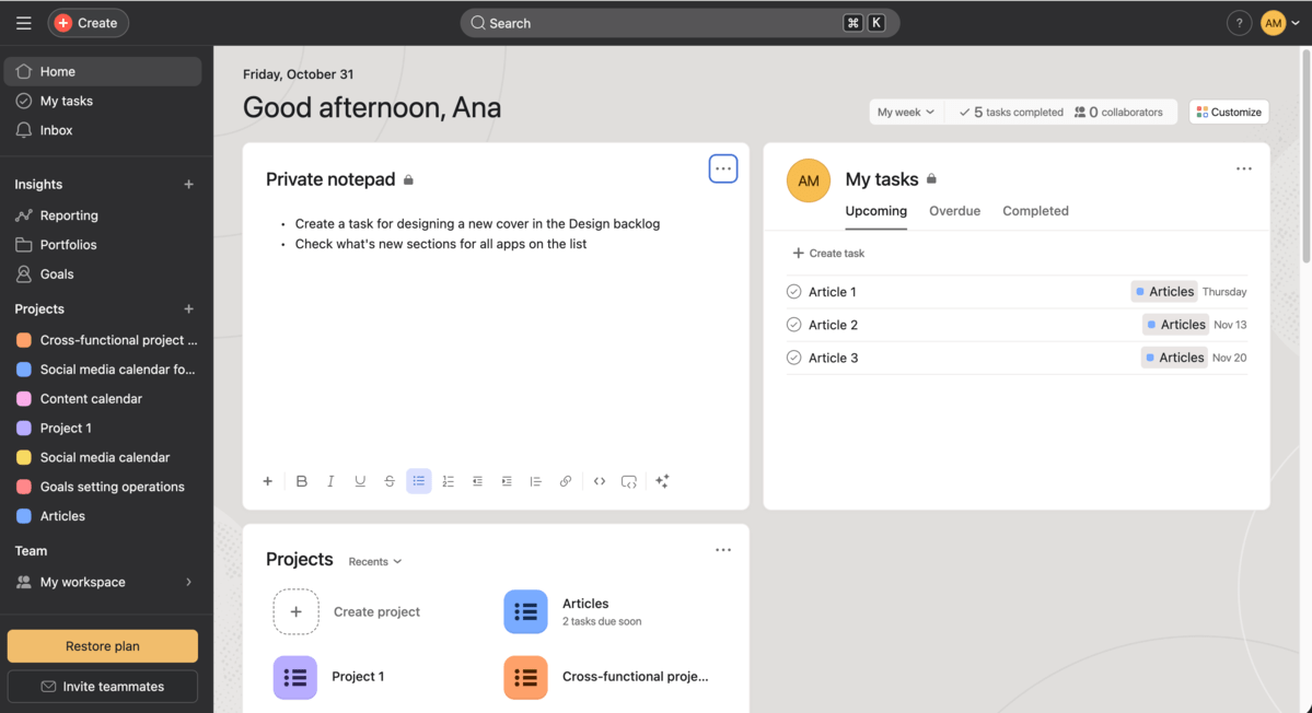 Home section in Asana
