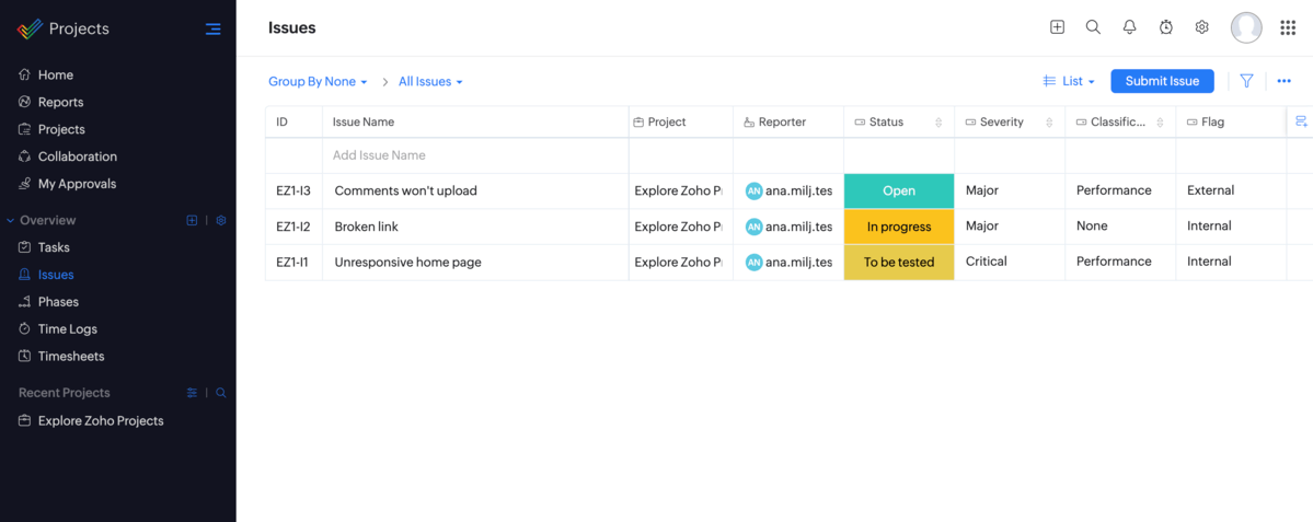 Issue section in Zoho Projects