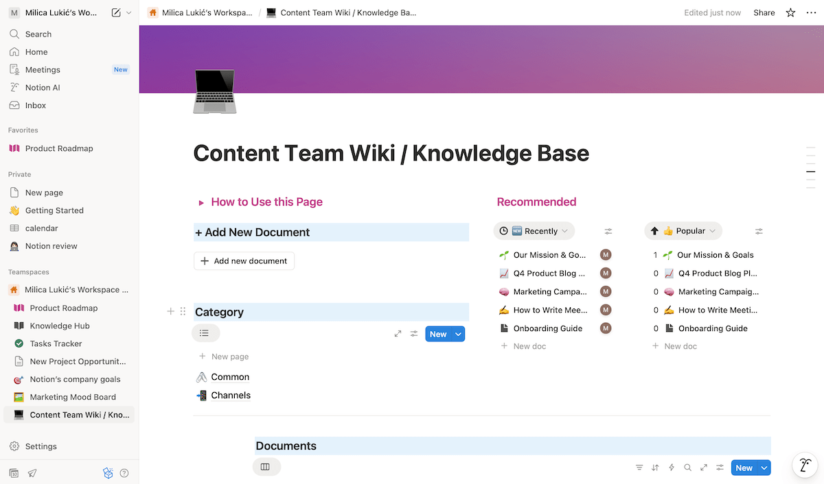 Knowledge base in Notion