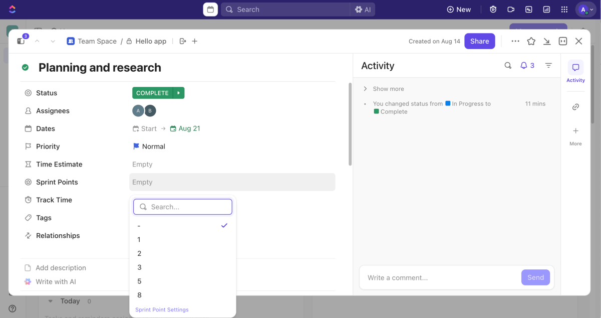 Sprint points in ClickUp