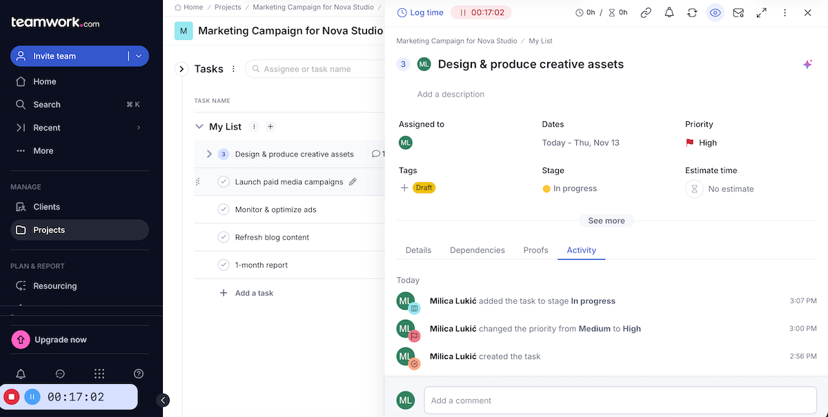 Task card in Teamwork