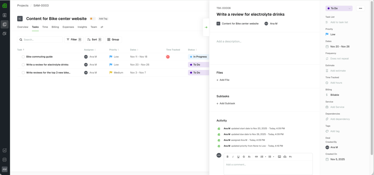 Task list and a task card in Bonsai