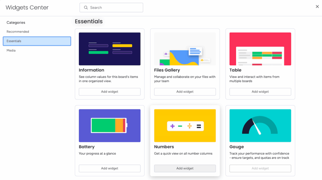 monday.com's widget center