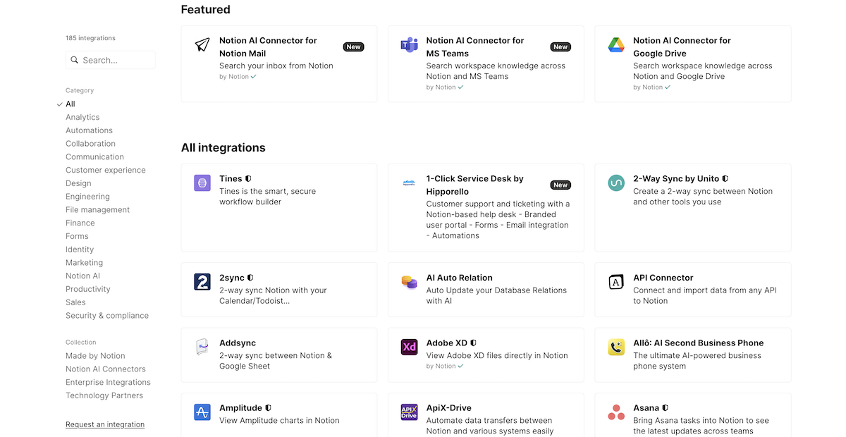 Notion's integration gallery