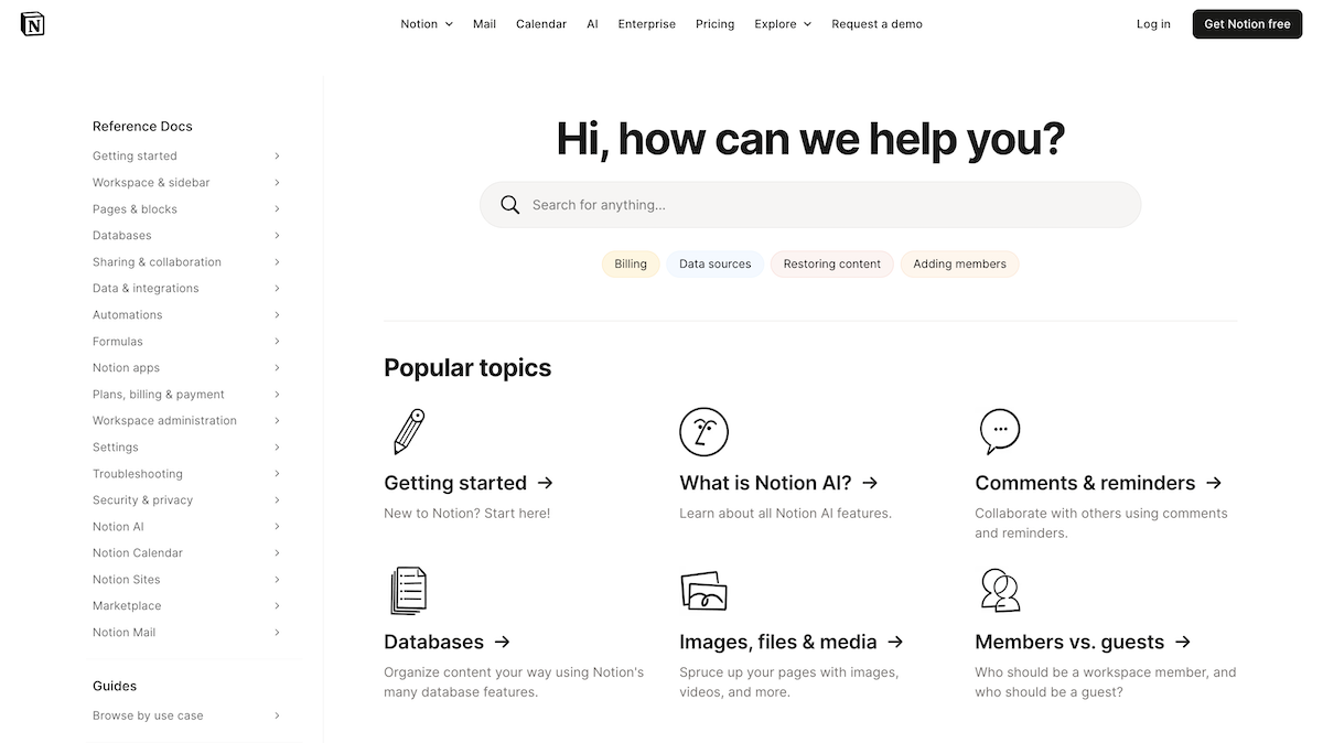 Notion's support page
