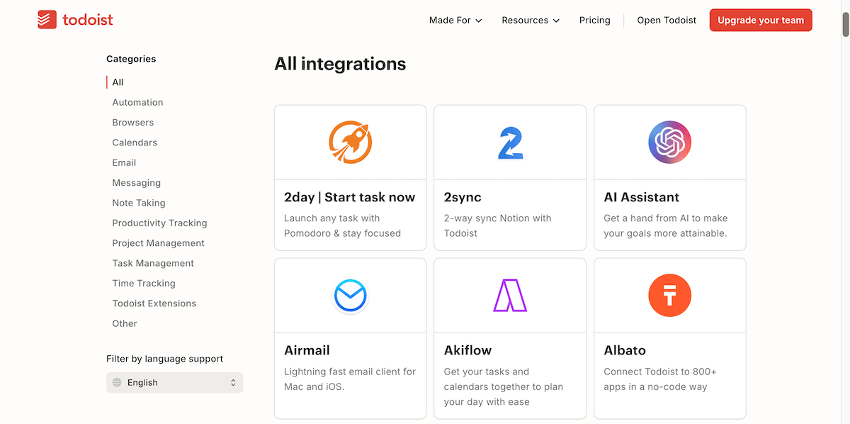 Todoist's integrations page