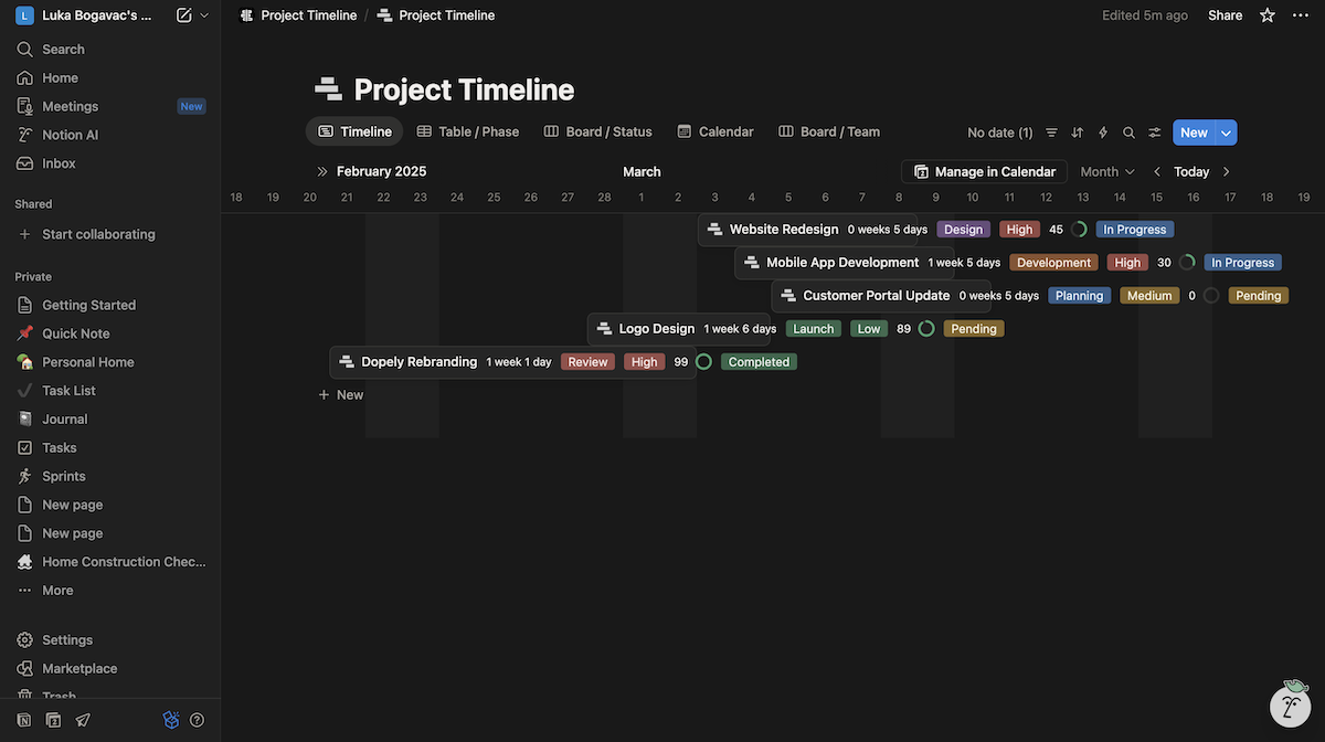 Notion's timeline view