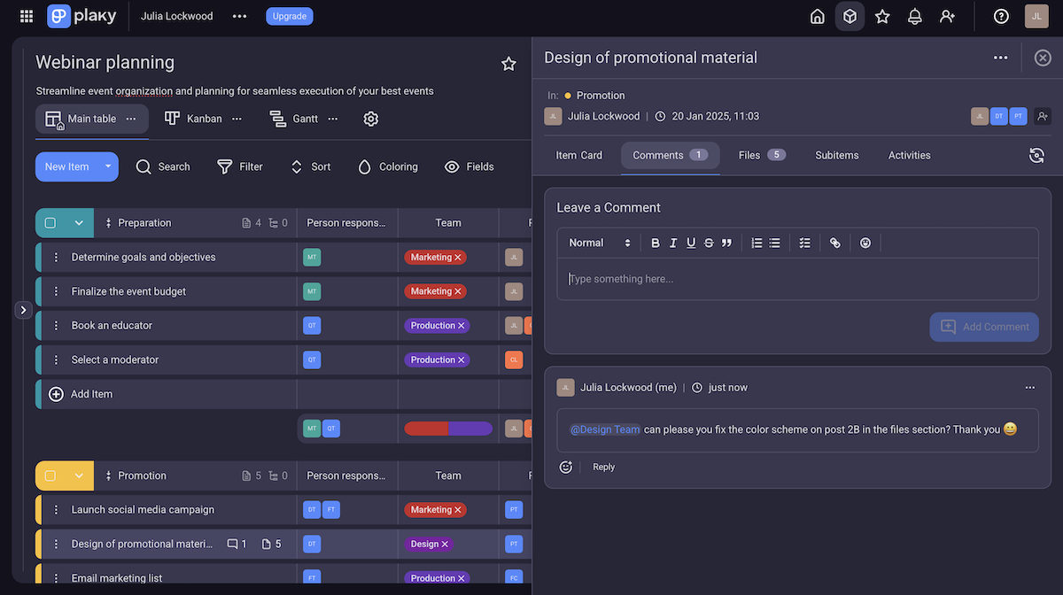 Comments and files in Plaky