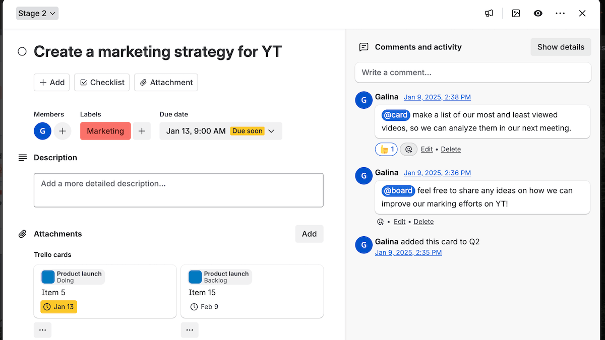 Comments and attachments in a Trello card