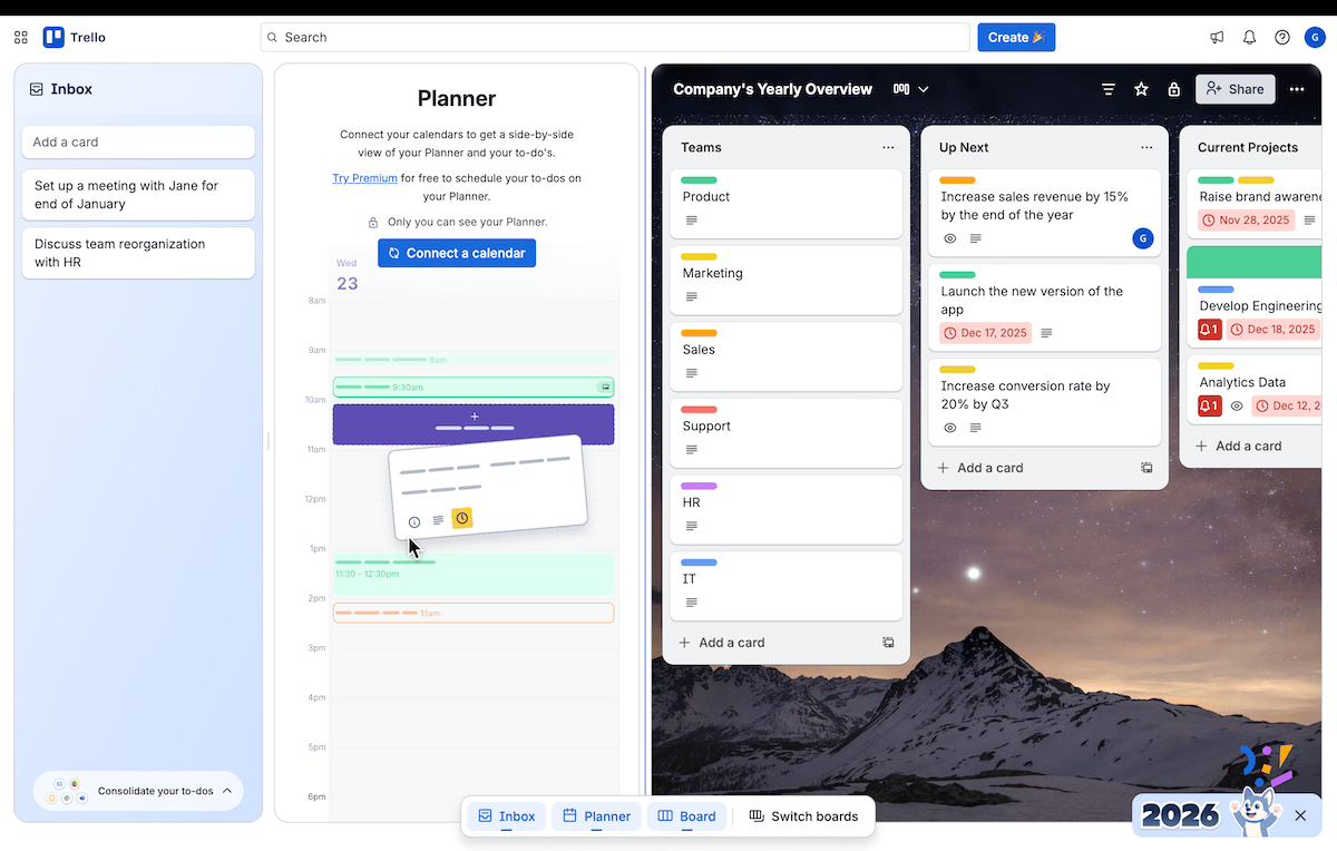 Inbox, Planner, and Board in Trello