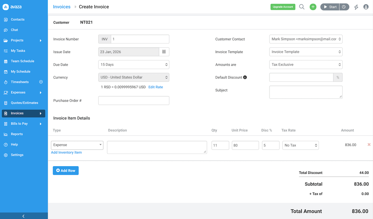 Generating an invoice in Avaza