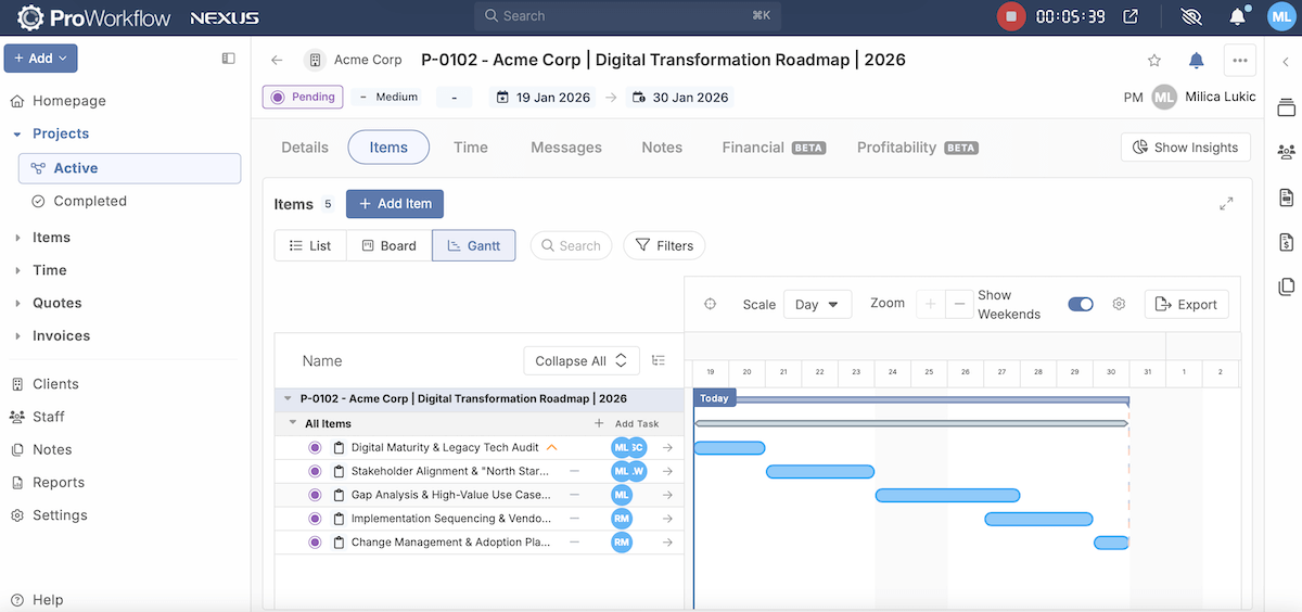 ProWorkflow's interface