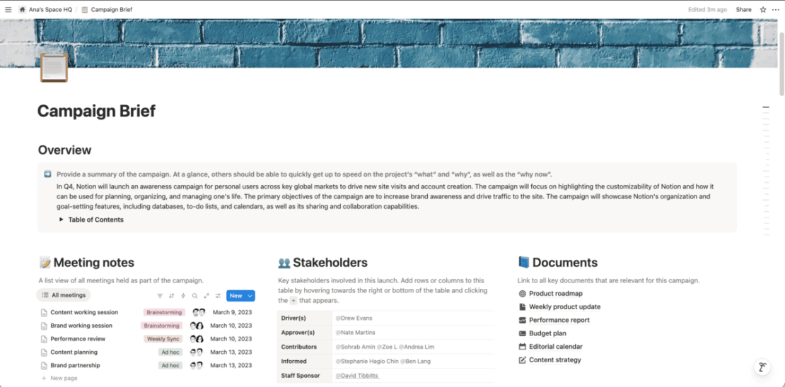 A customizable campaign brief template in Notion