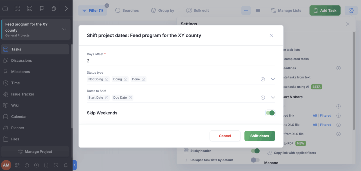 Date shifting in Freedcamp