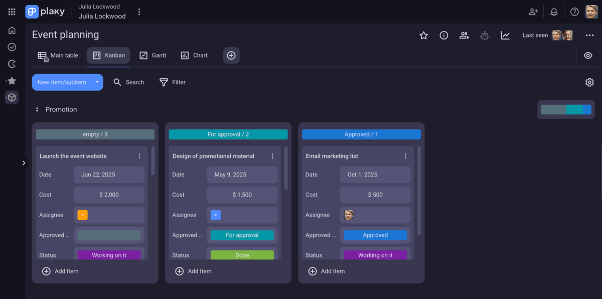 Kanban view in Plaky