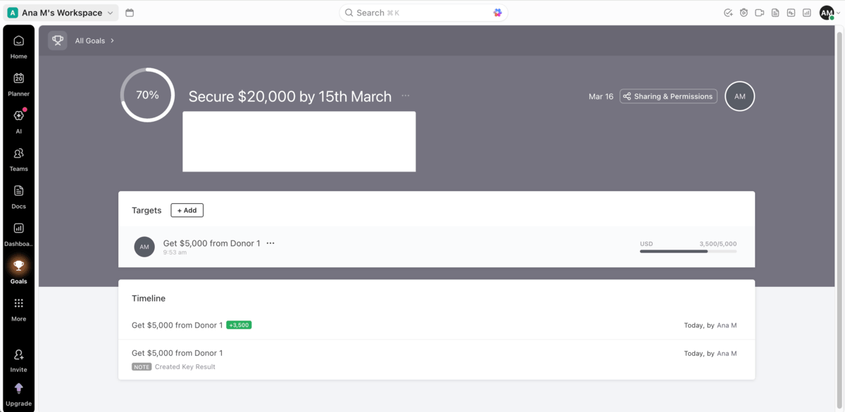 Funding goals created within ClickUp Goals feature