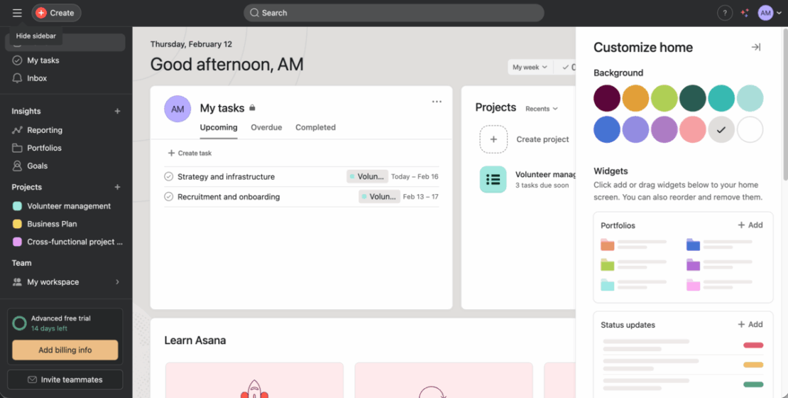 Home page in Asana