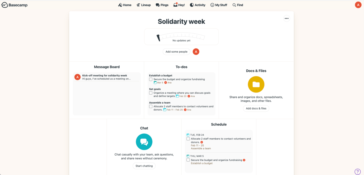 Project home page in Basecamp