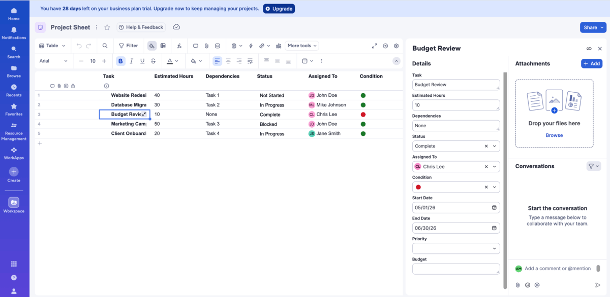 Project sheet and task details in Smartsheet