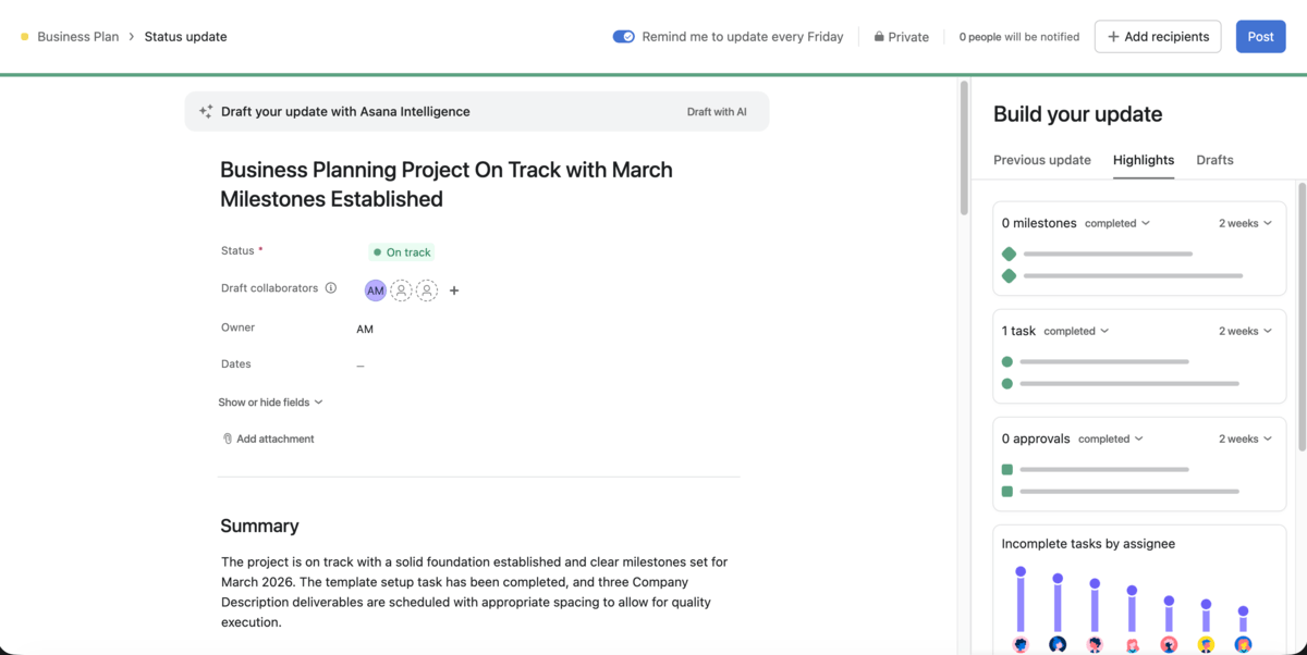 Project status update in Asana