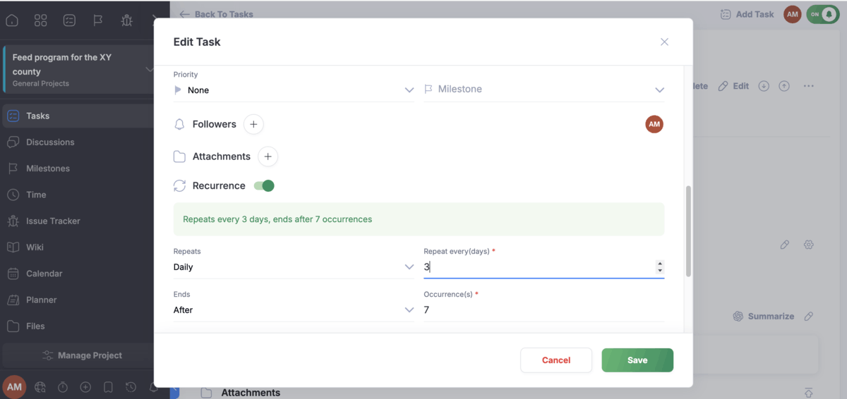 Setting up task recurrence in Freedcamp