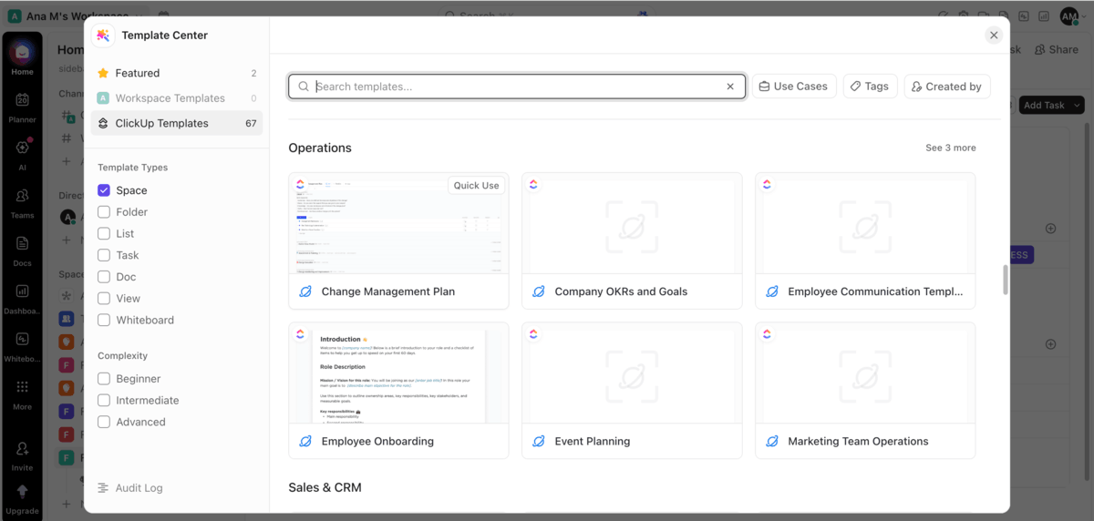 Template center in ClickUp