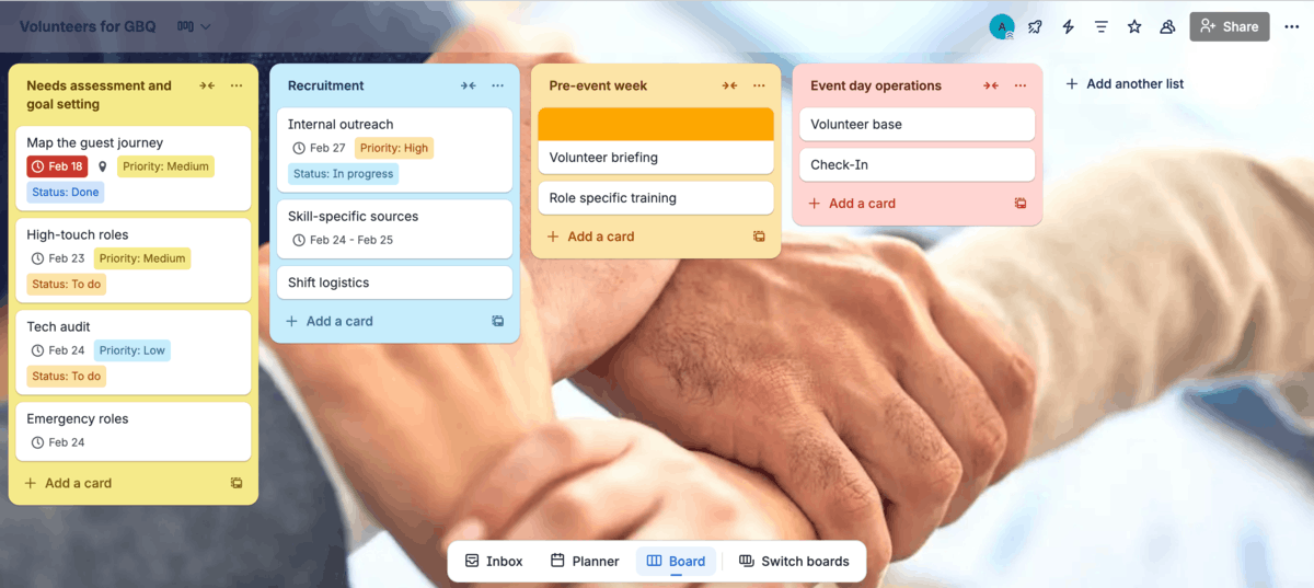 Volunteer management plan in Trello