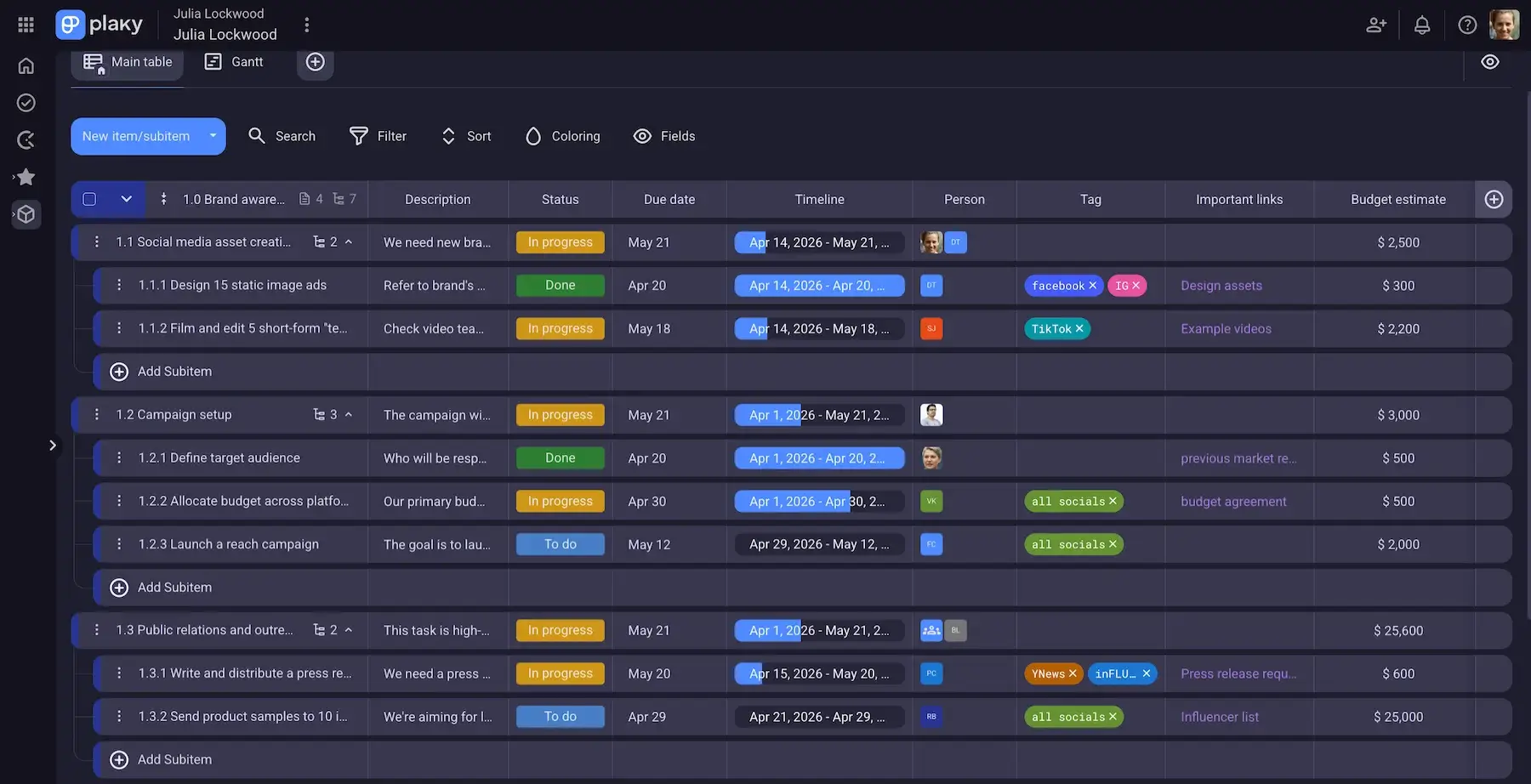 Adding budget estimates to your WBS table in Plaky

