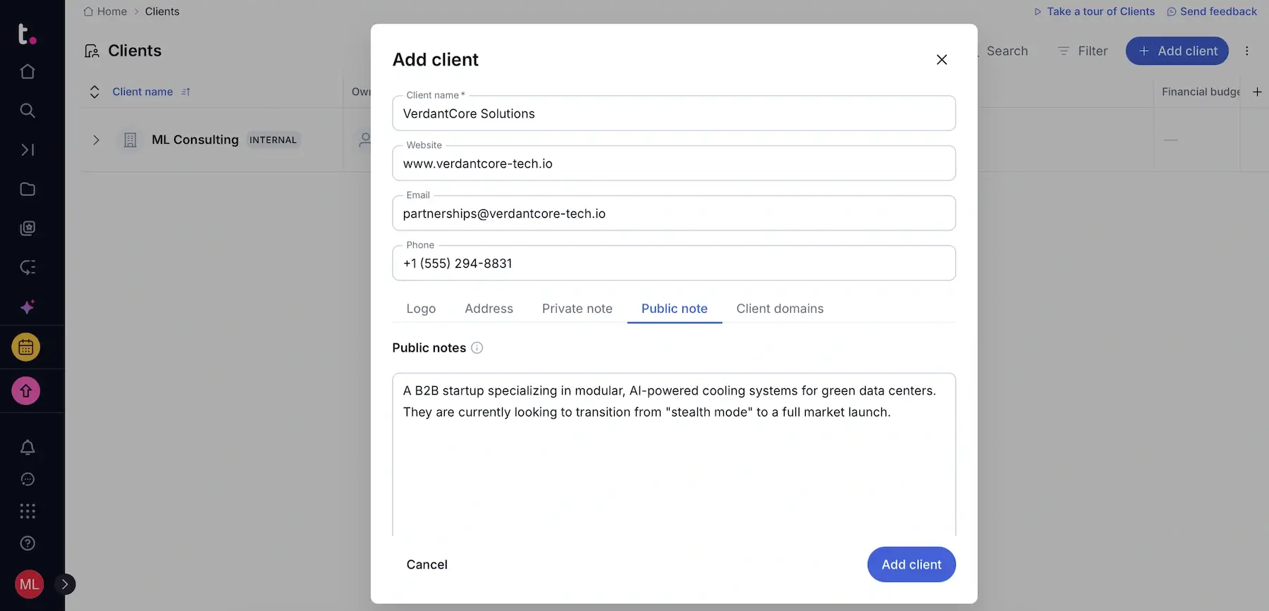 Adding a client in Teamwork.com