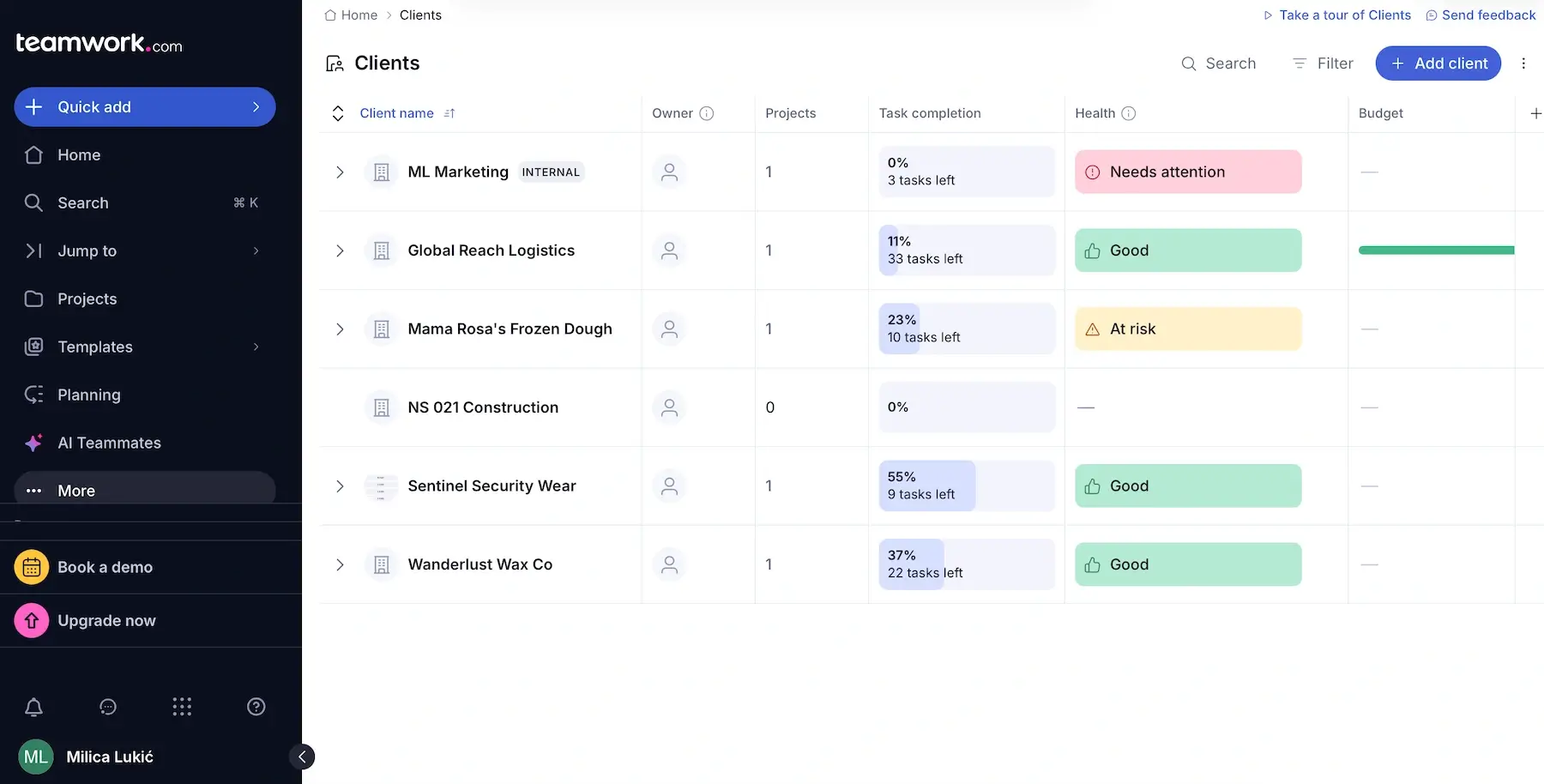 Clients overview in Teamwork.com