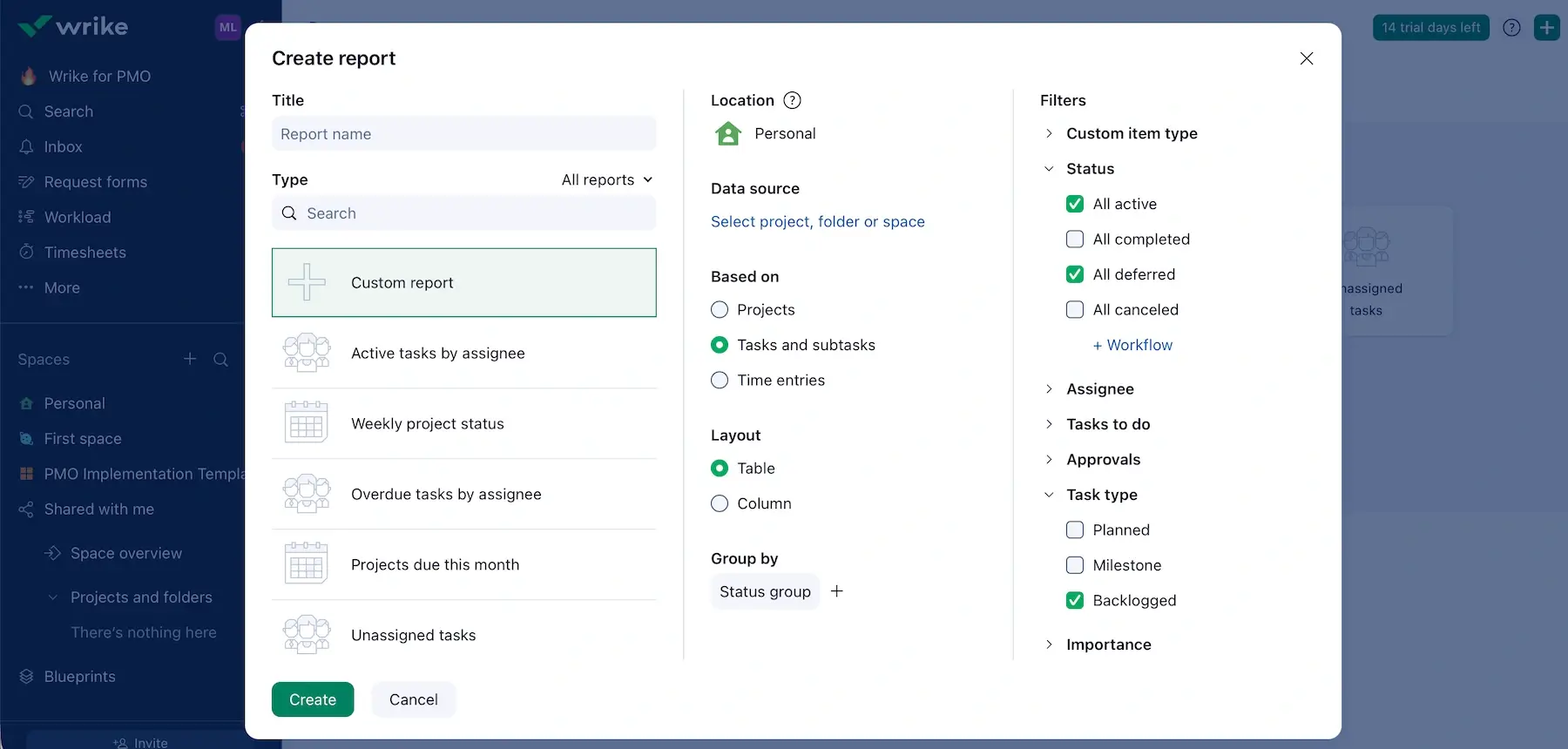 Custom report creation in Wrike