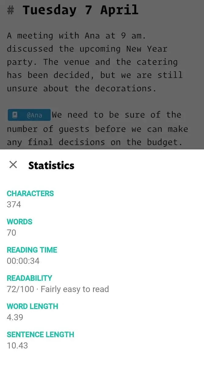 Note statistics in JotterPad
