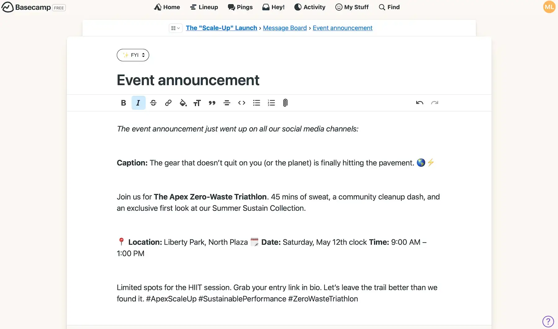 Sharing an announcement in Basecamp