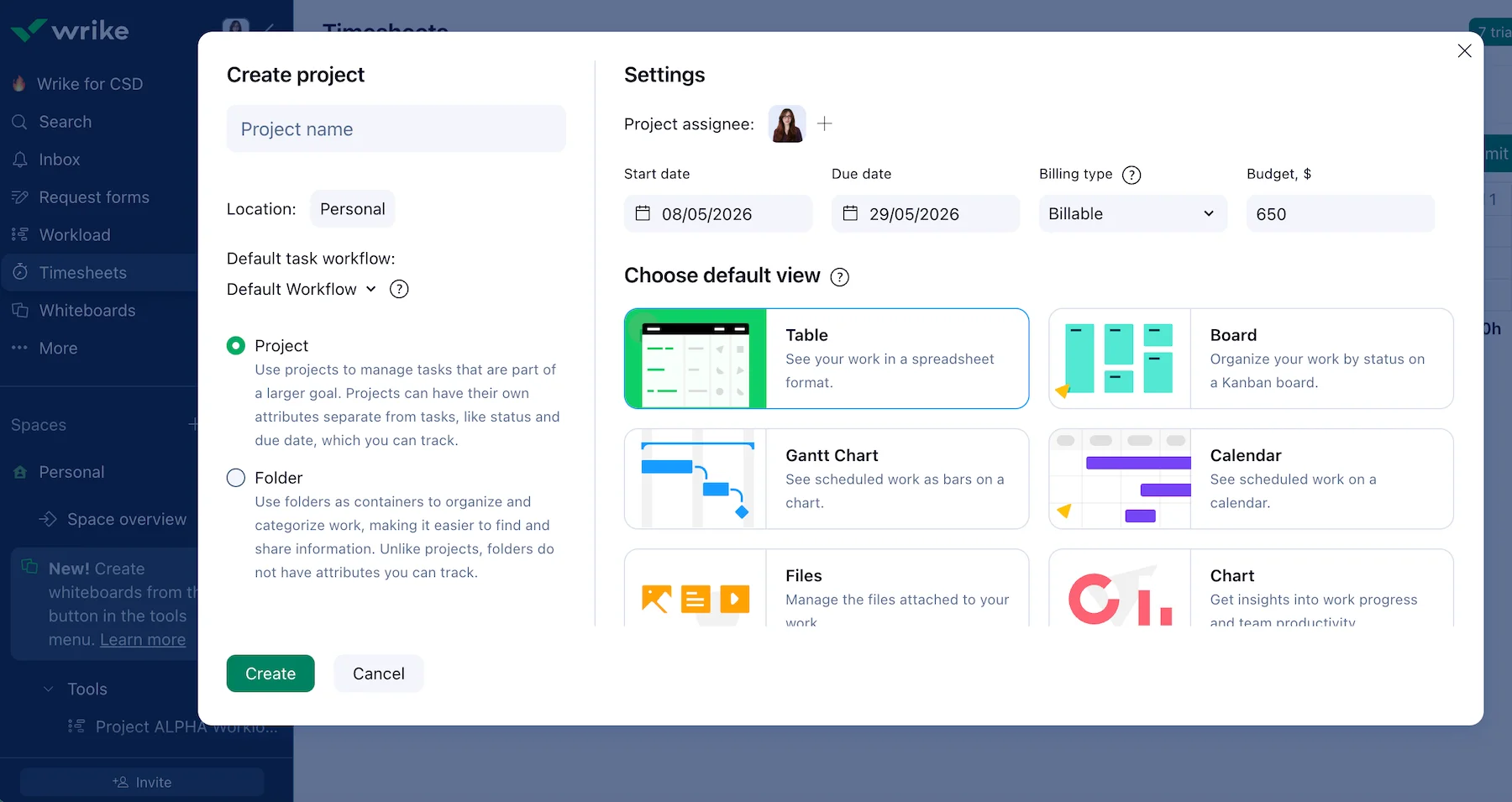 Creating a new project in Wrike