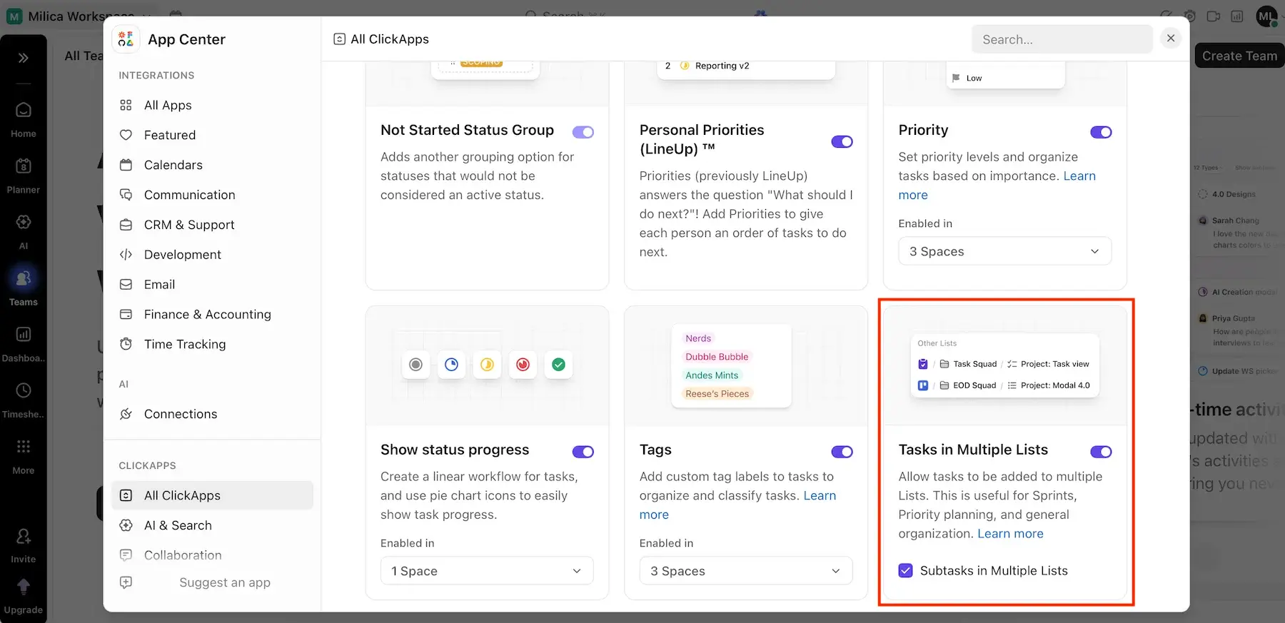 Enabling multi-list tasks in ClickApps