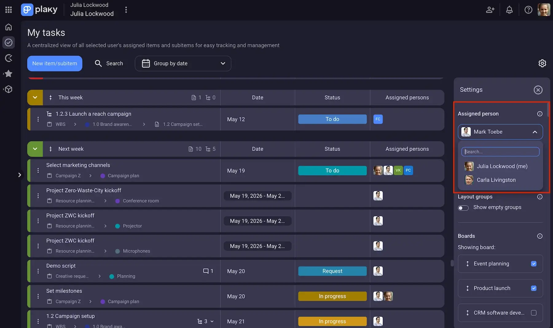 My tasks section in Plaky
