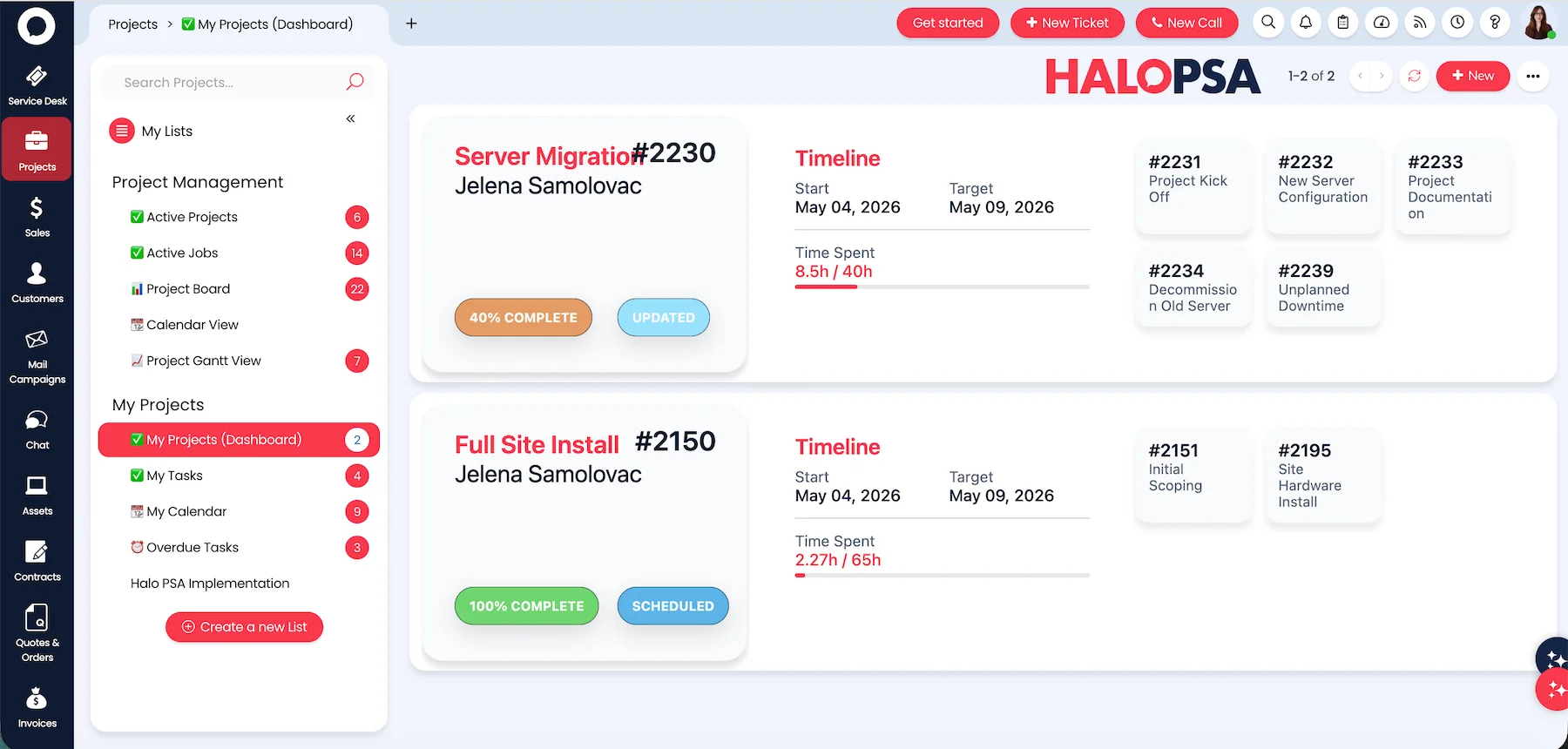 My Projects dashboard in HaloPSA